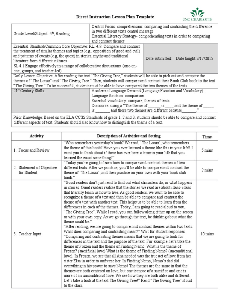 Direct Instruction Lesson Plan Template: Activity Description of