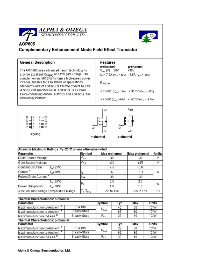 AOP605 Complementary Enhancement Mode Field Effect Transistor | PDF ...