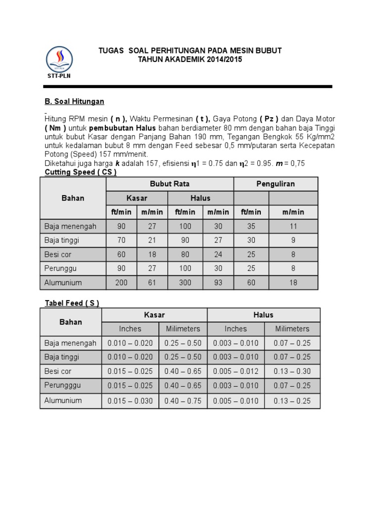 Contoh Soal Perhitungan Mesin Bubut Maret 2015