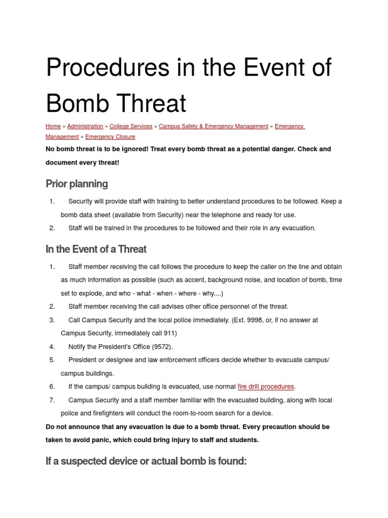 Procedures in The Event of Bomb Threat PDF