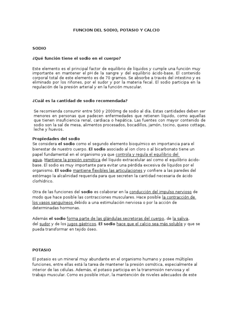 Funciones del Sodio, Potasio y Calcio | PDF | Sodio | Potasio