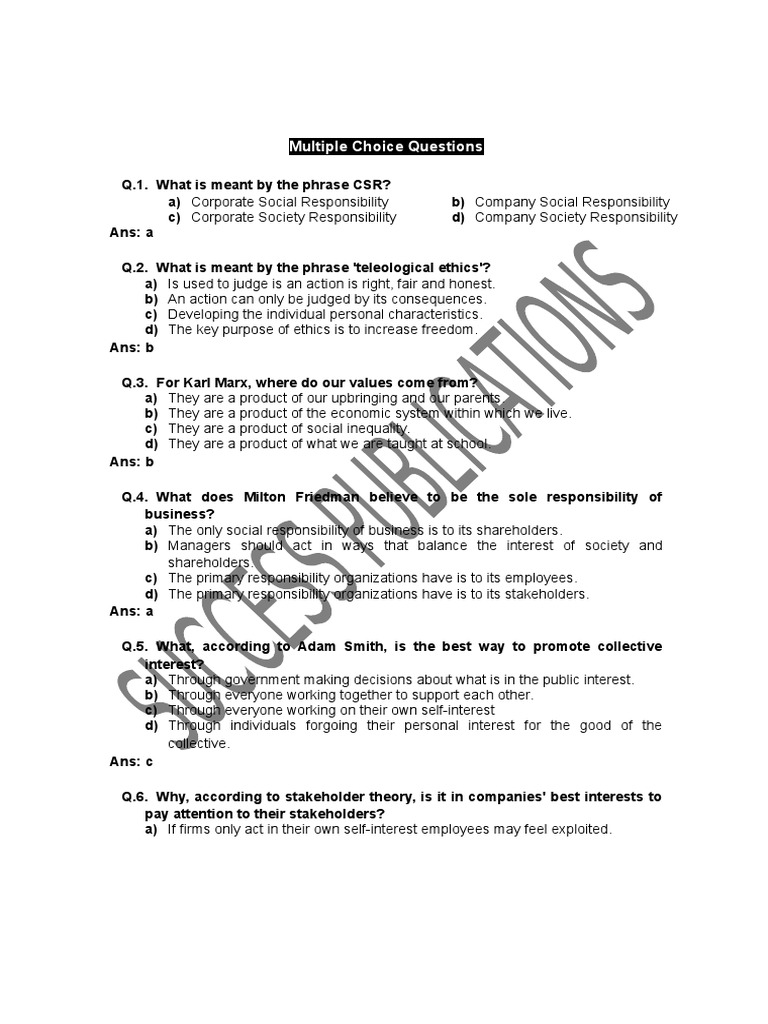 Corporate Social Responsibility MCQs | PDF | Corporate Social ...