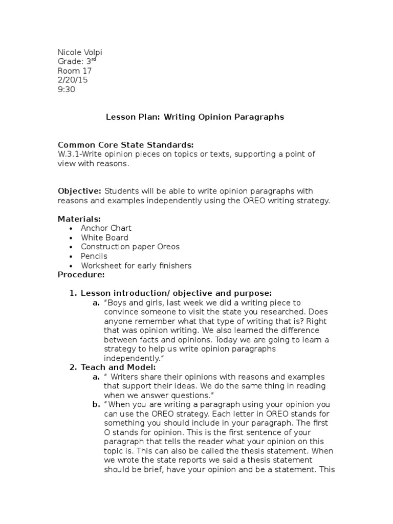 oreo opinion writing lesson | Lesson Plan | Cognition