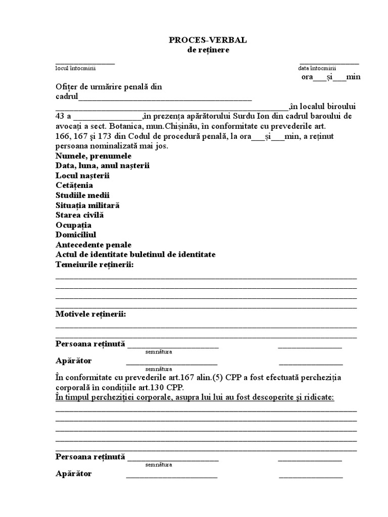Proces Verbal De Retinere