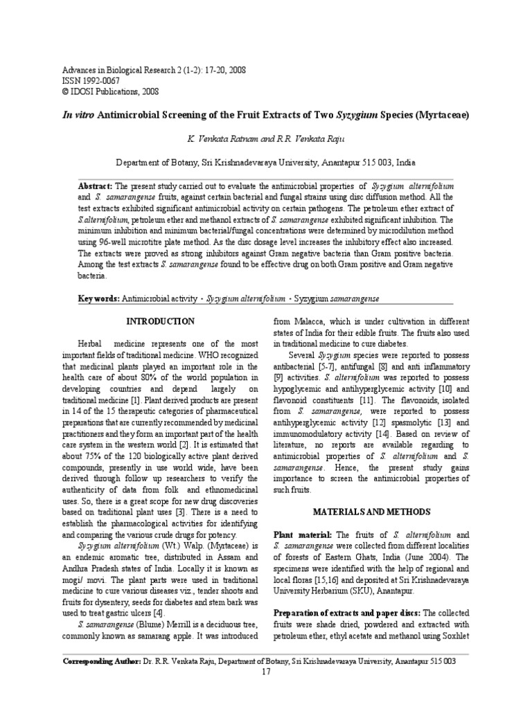 In Vitro Antimicrobial Screening of The Fruit Extracts of Two Syzygium ...