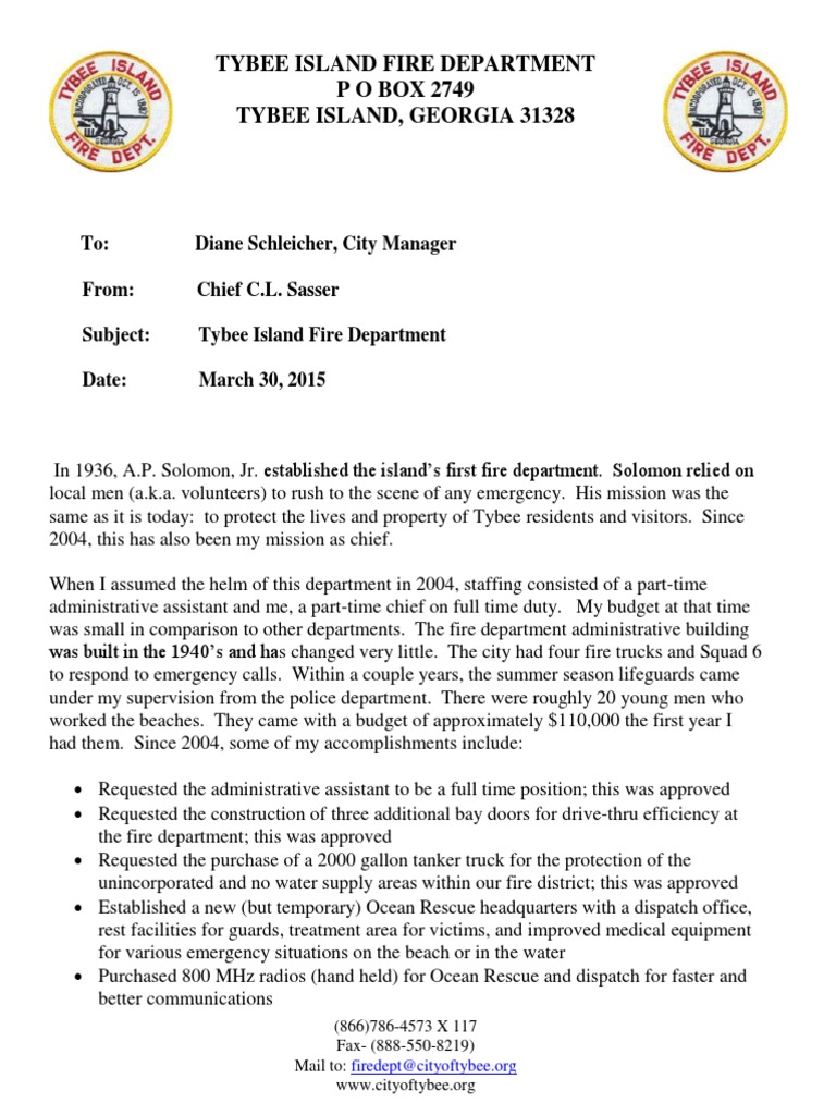 Tybee Island Fire Chief Skip Sasser Retirement Letter Firefighter