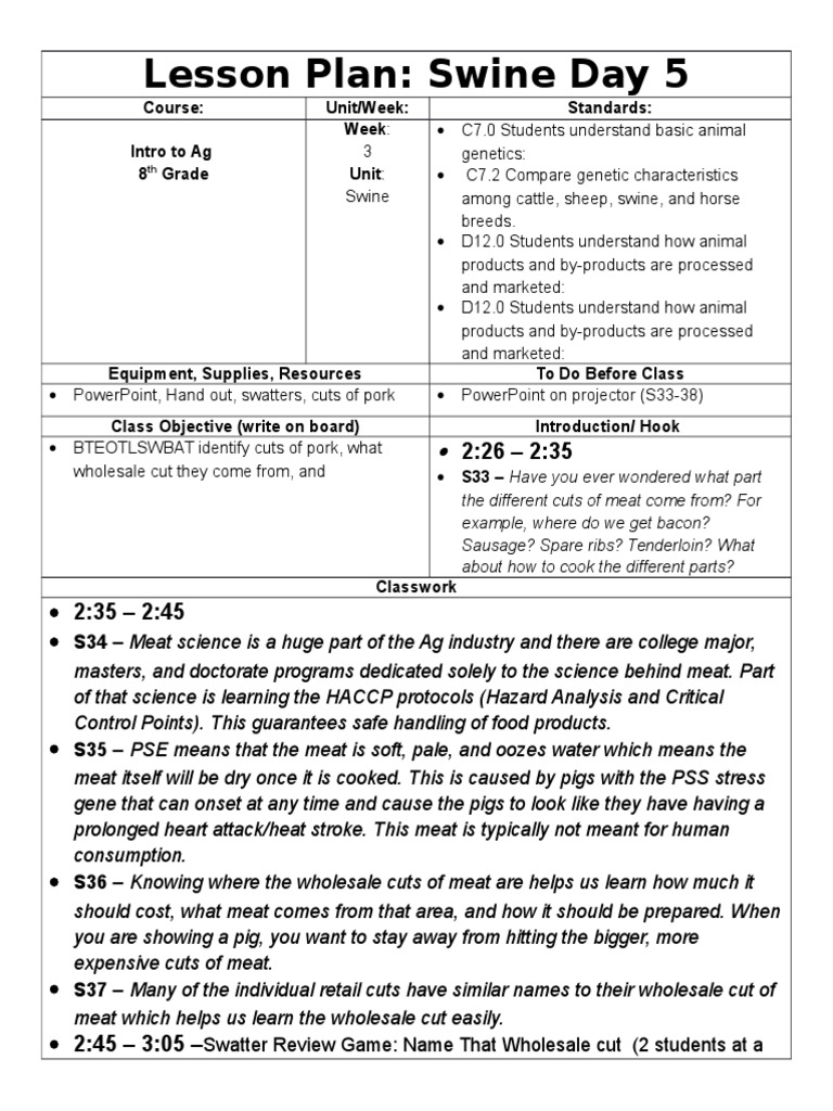 Lesson Plan 8th Grade SWINE 5 | PDF | Bacon | Meat