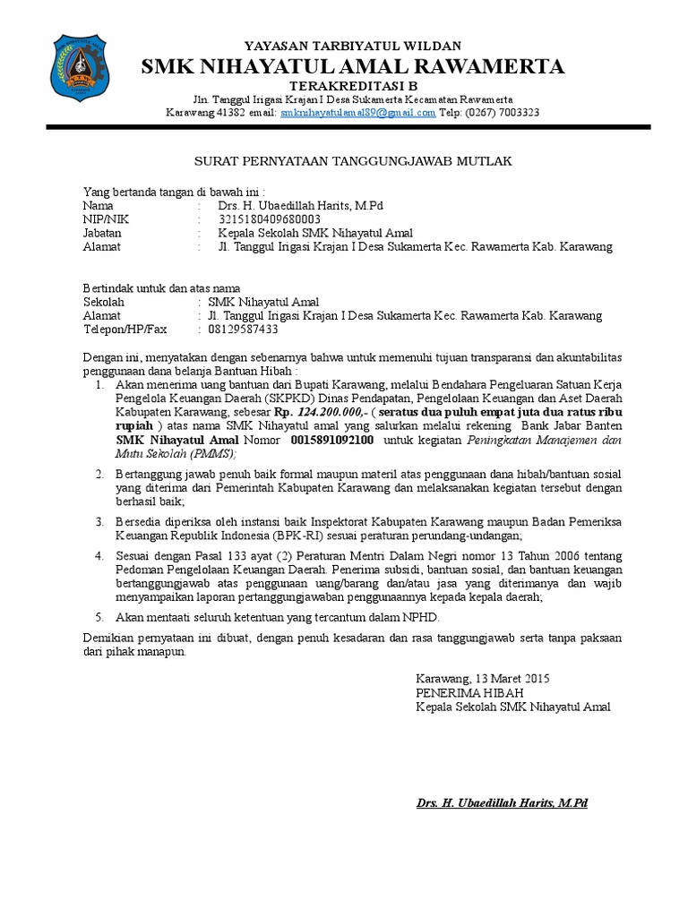 Contoh Surat Pernyataan Tanggungjawab Mutlak 1 