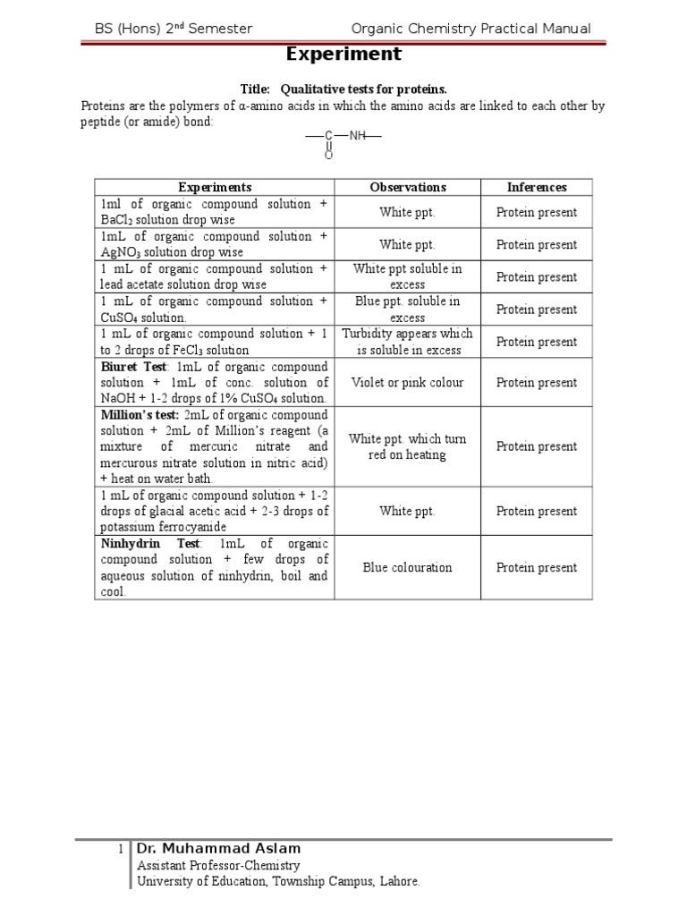 Qualitative Tests for Proteins Solution Proteins