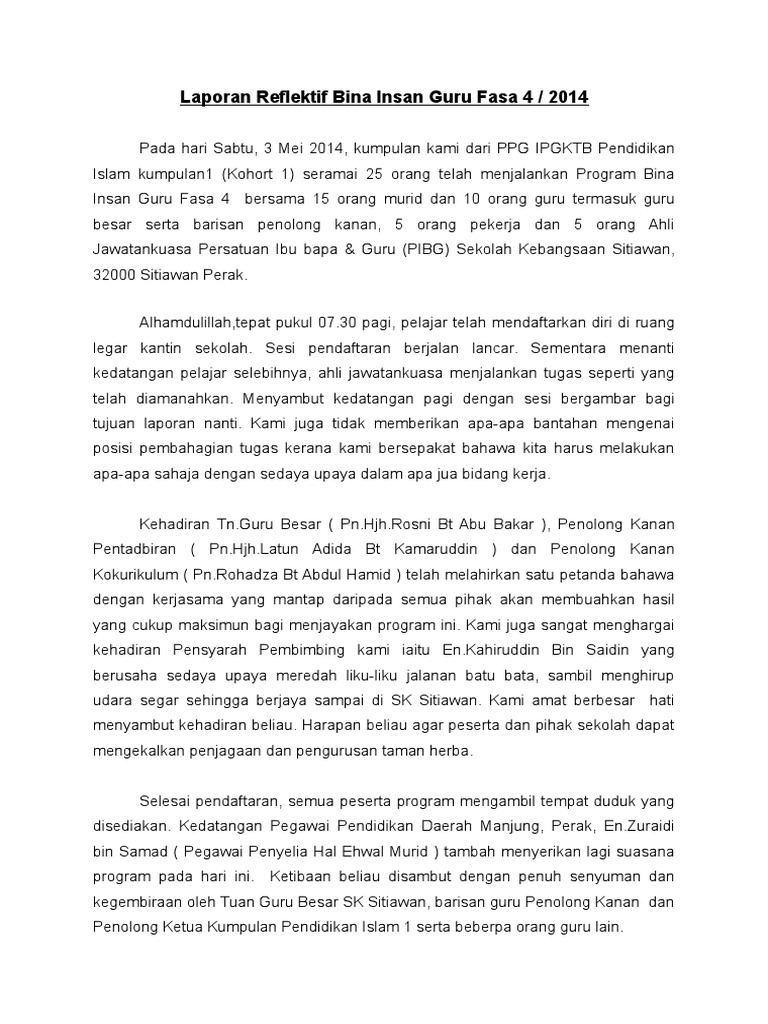 Laporan Reflektif Bina Insan Guru Fasa 4 2014