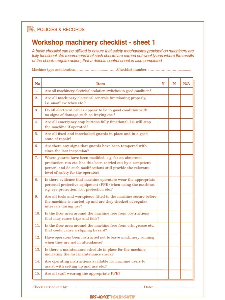 Machinery Checklist Machines Equipment