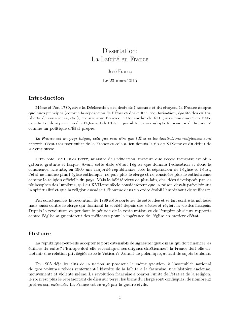 La Séparation De L église Et De L état Dissertation