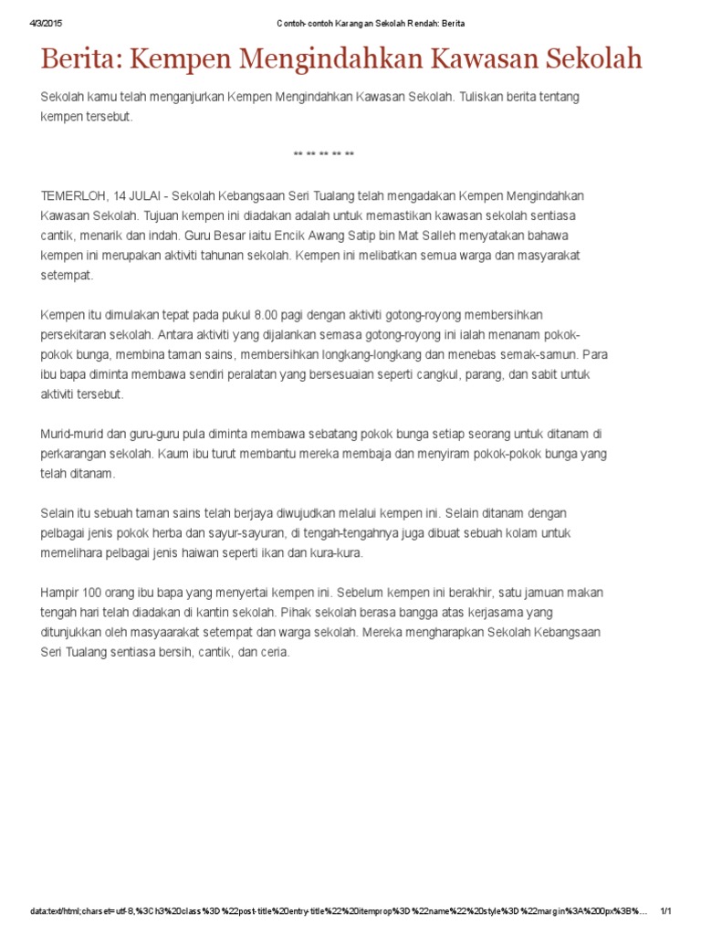 Contoh Contoh Karangan Sekolah Rendah Berita Kempen Mengindahkan Kawasan Sekolah Pdf
