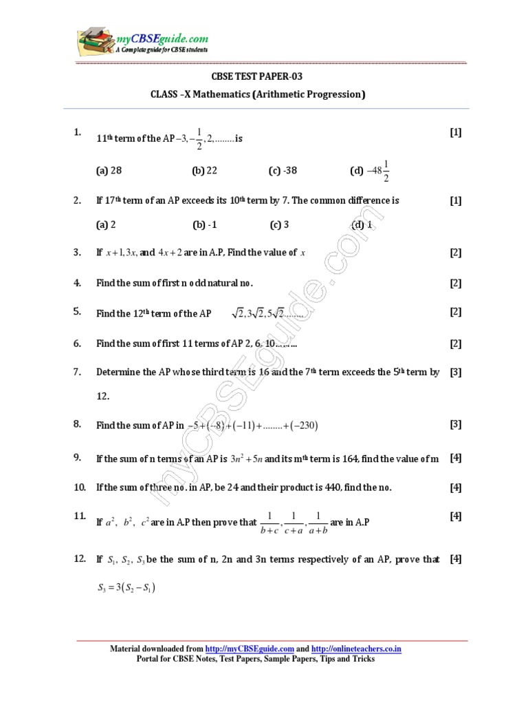 Class 10 Arithmetic Progression Test Paper | PDF | Teaching Methods ...