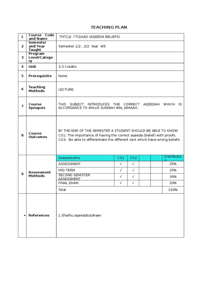 Teaching Plan: 1 Course Code and Name 2 Semester and Year Taught 3 ...