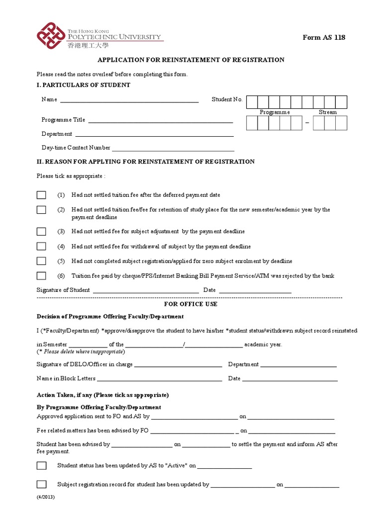 AS 118: Reinstatement Application Form | PDF | Finance & Money Management
