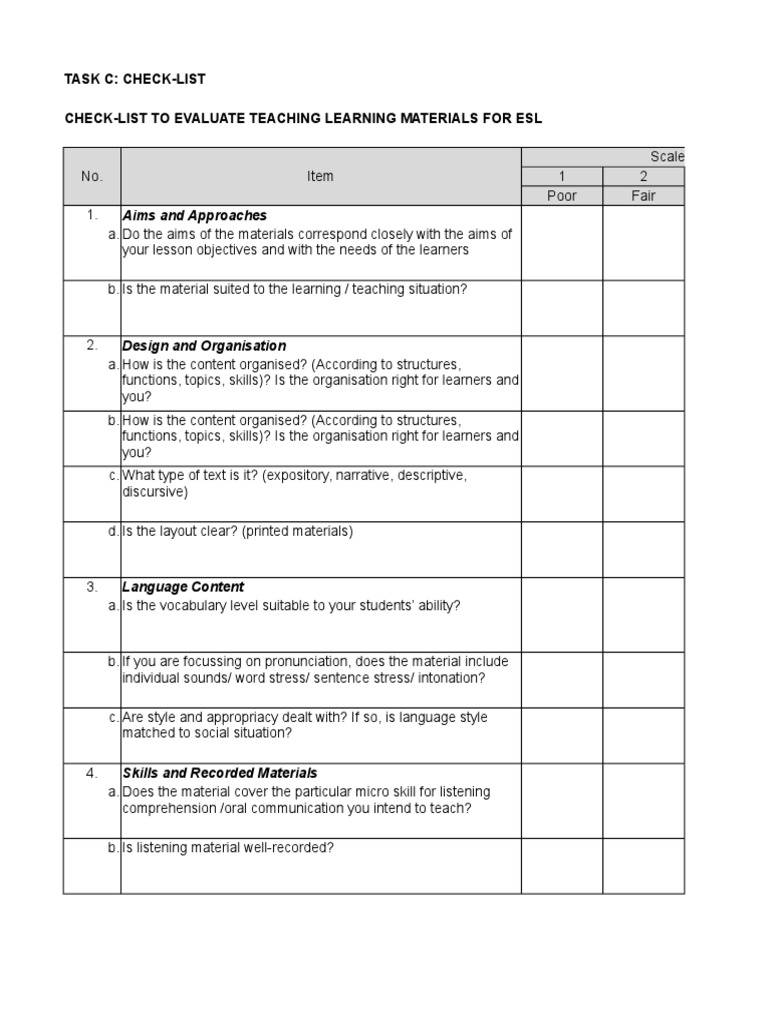ESL Teaching Materials Evaluation Checklist | PDF | Speech | Accent ...