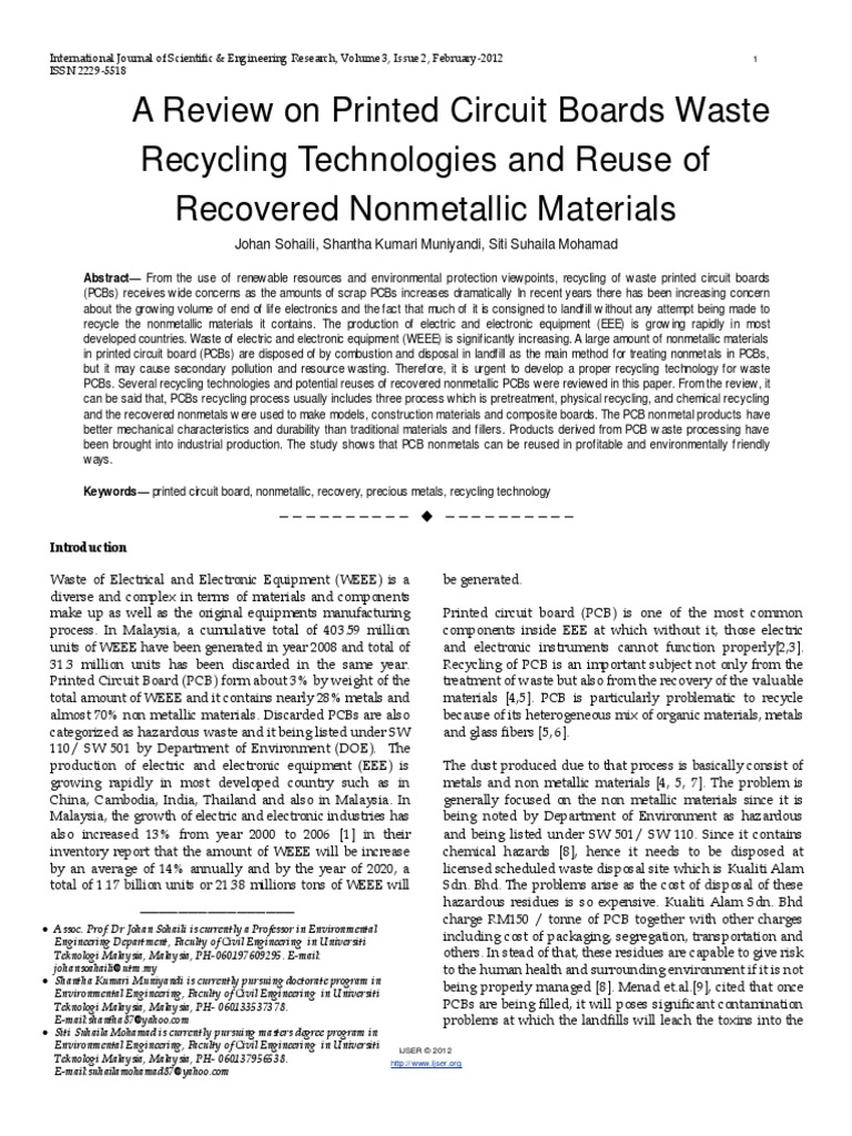 A Review On Printed Circuit Boards Waste Recycling Technologies and