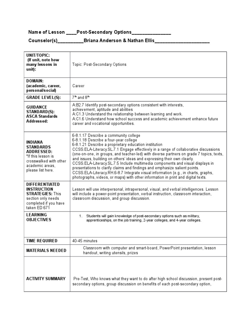 postsecondary options classroom lesson plan School Counselor