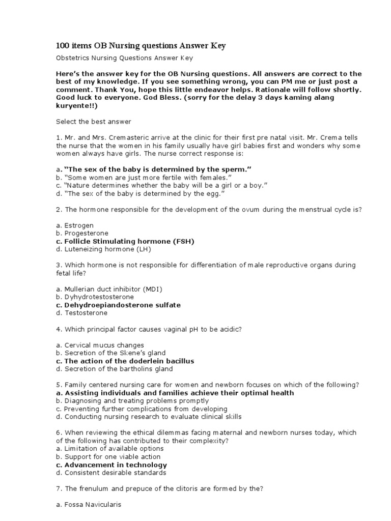 100 Items OB Nursing Questions Answer Key PDF Pelvis Childbirth
