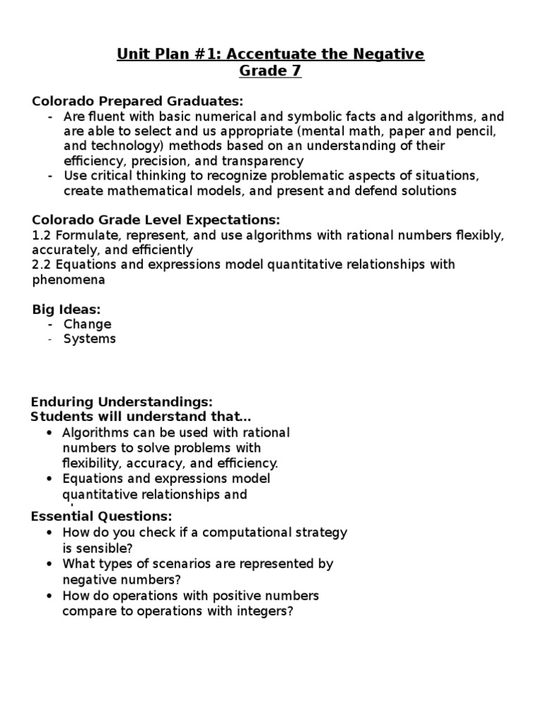 Unit Plan #1: Accentuate The Negative Grade 7: Colorado Prepared ...