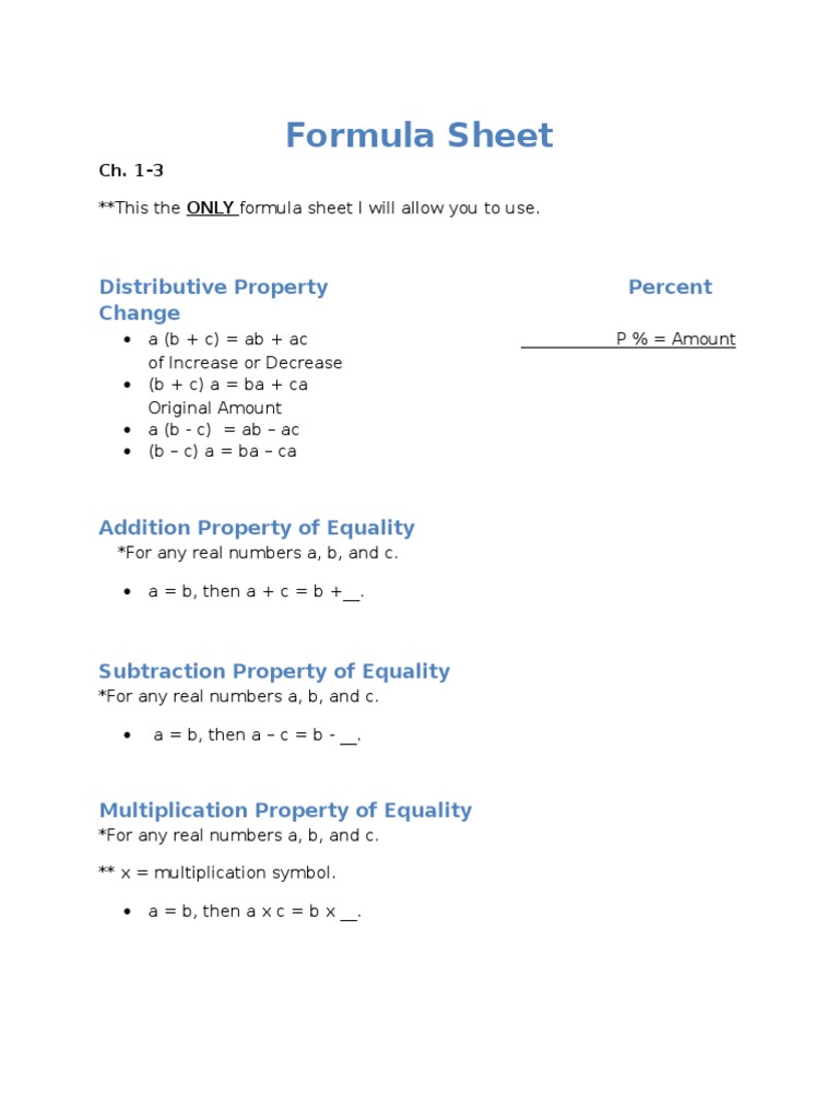 Essential Math Formula Sheet Ch. 1-3 | PDF