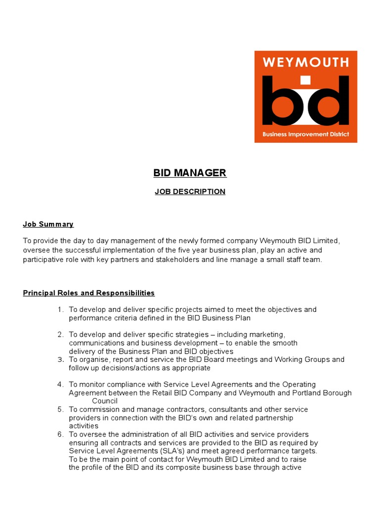 Bid Manager Job Description PDF Service Level Agreement Business