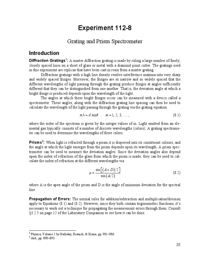 Gratings and Prism Spectrometer PDF Prism Wavelength