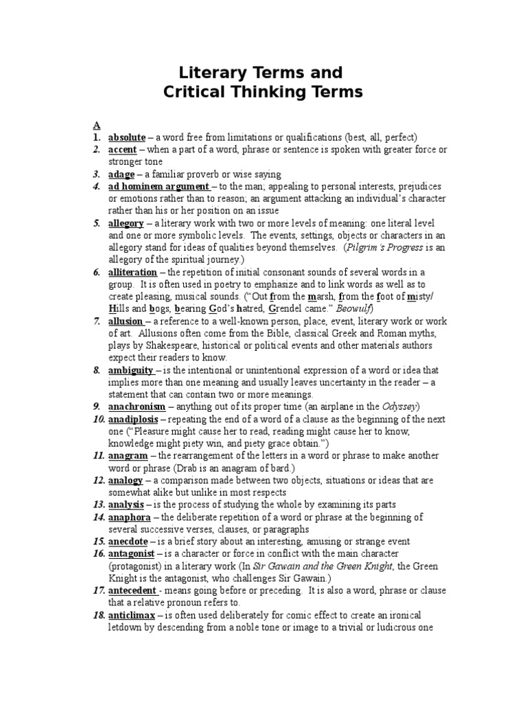Literary Terms and Critical Thinking Terms | PDF | Muse | Poetry