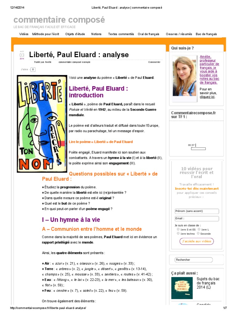 Liberte Paul Eluard Analyse Commentaire Compose Poesie Liberte