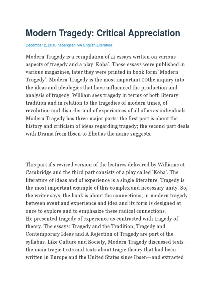 Modern Tragedy Tragedy Sophocles