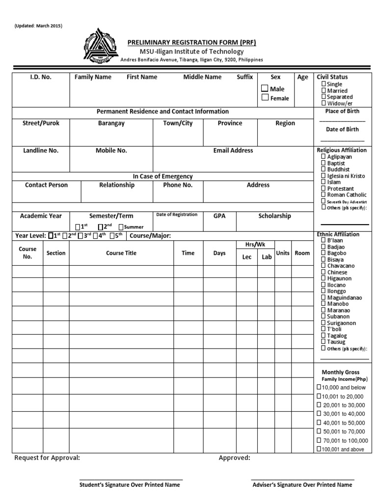 MSU-IIT Preliminary Registration Form | PDF
