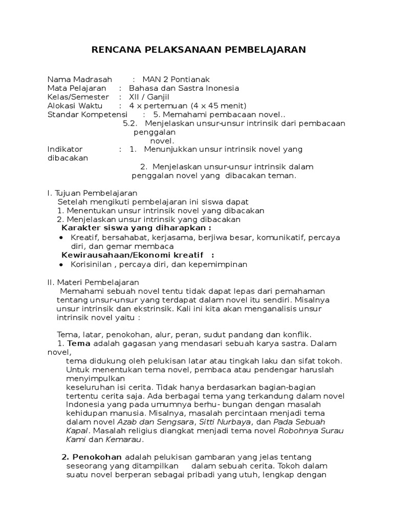 Rpp Unsur Intrinsik Pembacaan Novel Docx