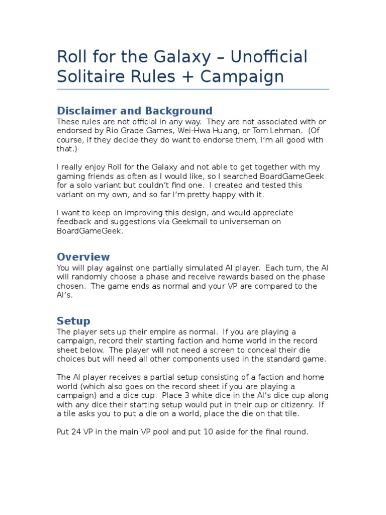 Roll For The Galaxy Unofficial Solitaire Rules Dice Gaming