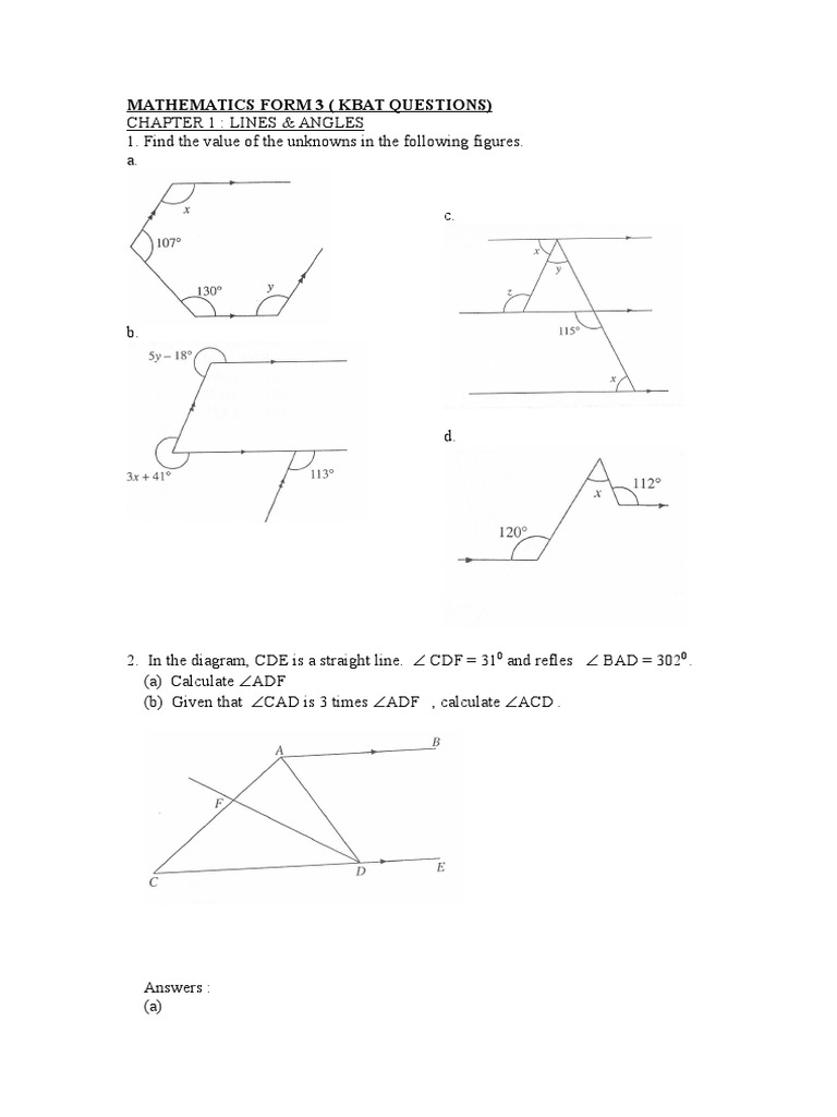 Mathematics Form 3 Kbat Questions