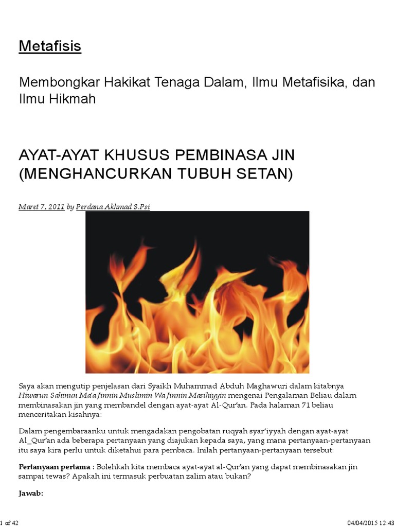 Ayat Ayat Khusus Pembinasa Jin Menghancurkan Tubuh Setan Metafisis