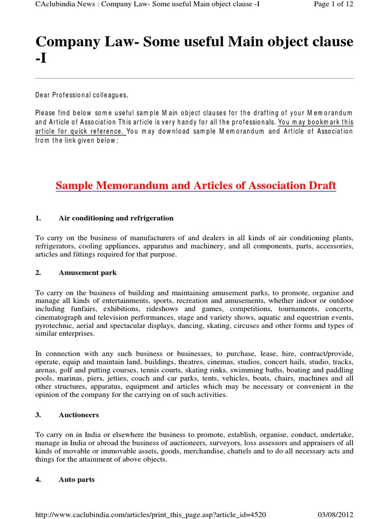 Sample Object Clause Securities (Finance) Textiles