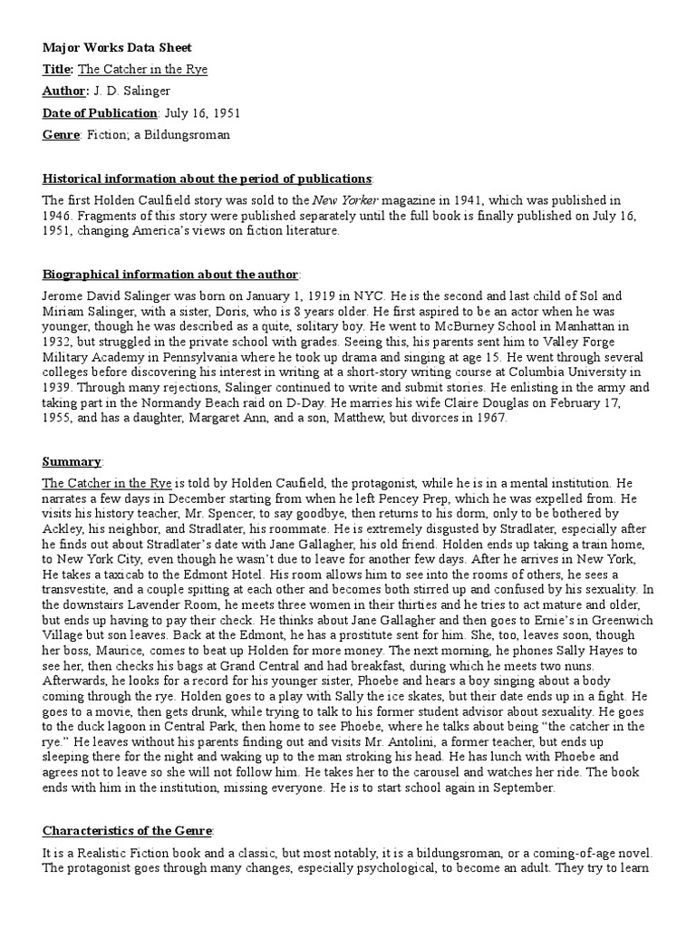 Worksheets Catcher In The Rye Worksheets catcher in the rye major works data sheet j d salinger