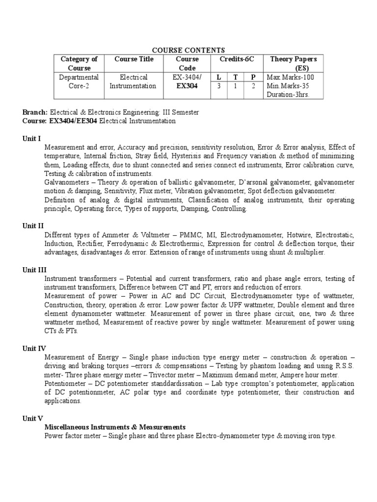 Electrical Instrumentation Course Overview | PDF | Electric Power | Physics