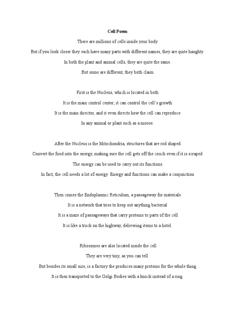 Cell Poem | PDF | Vacuole | Cell (Biology)