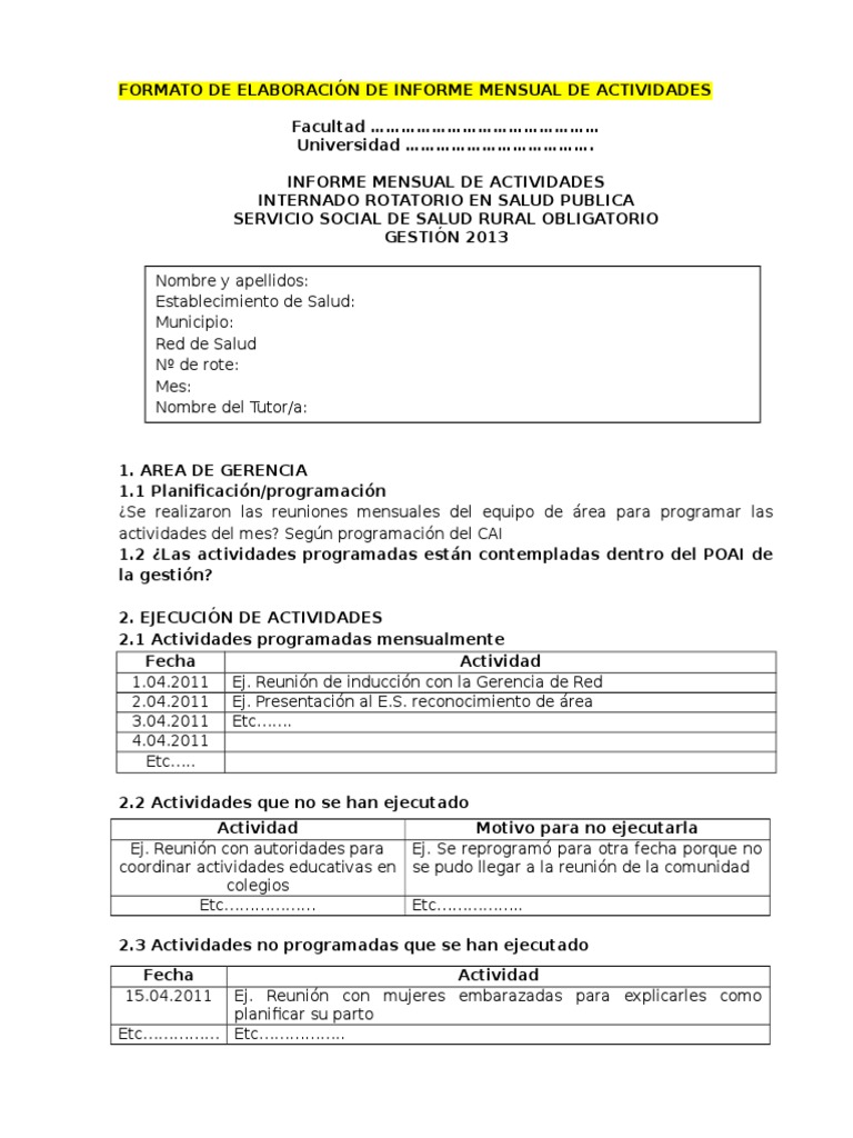 Arriba 83+ imagen modelo de informe de actividades laborales mensuales