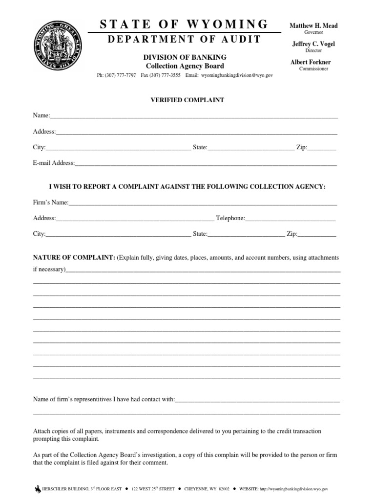 Wyoming Collection Agency Complaint Form | PDF