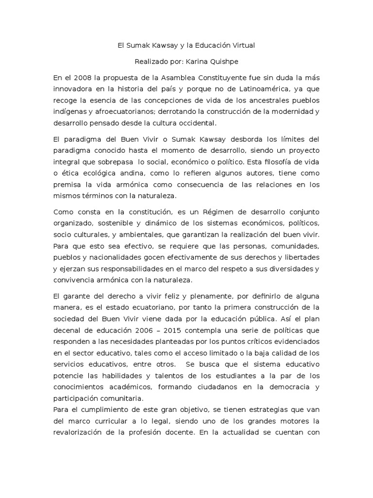 El Sumak Kawsay y La Educación VirtualKarina Quishpe PDF Ecuador Paradigma