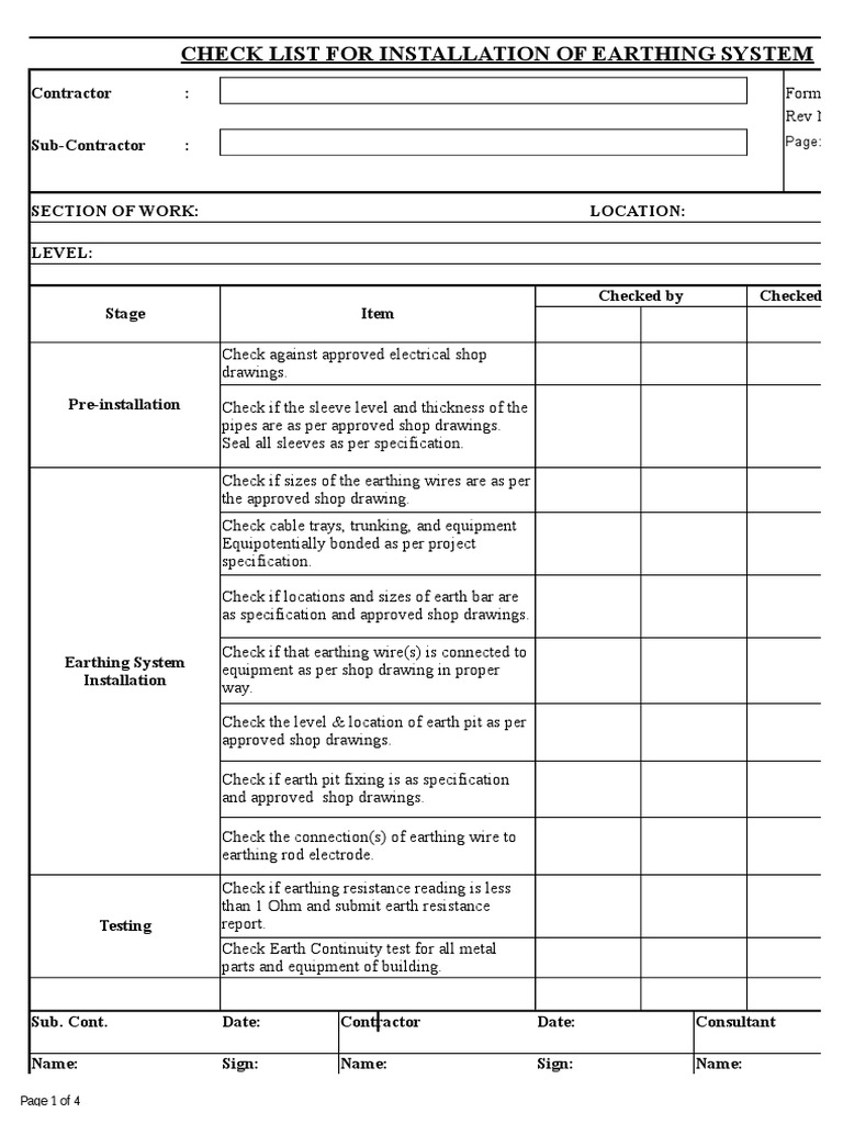 Inspection Checklist For Installation of Earthing System PDF