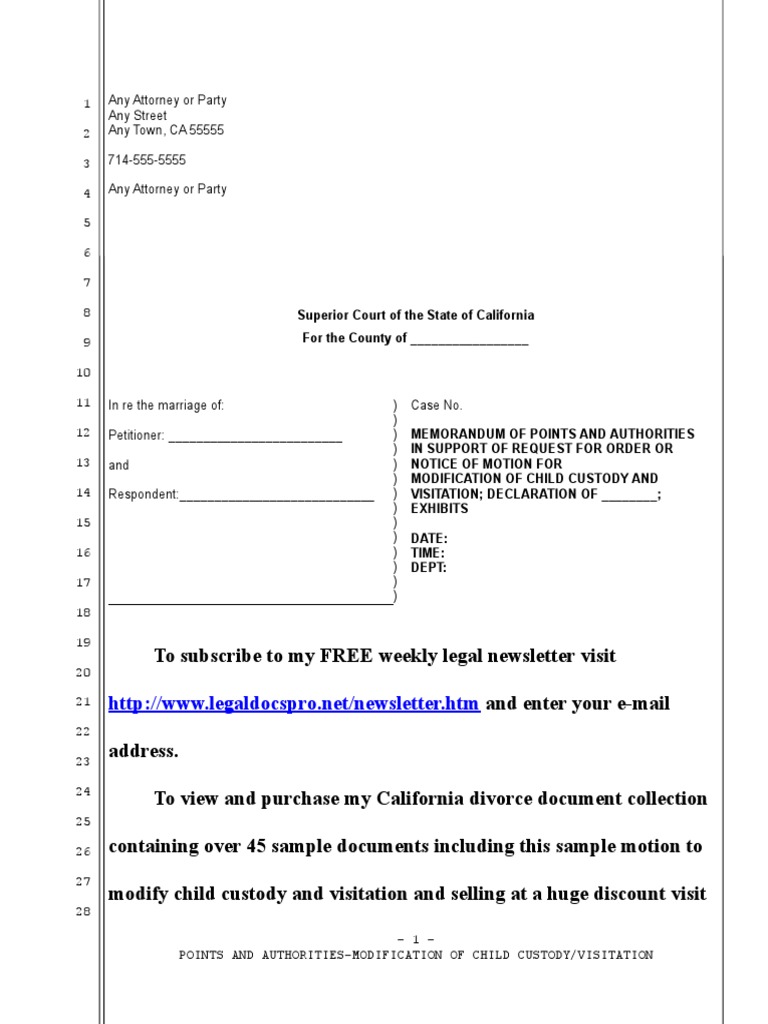 Sample Motion To Modify Child Custody And Visitation In California Pdf Contact Law Child Custody