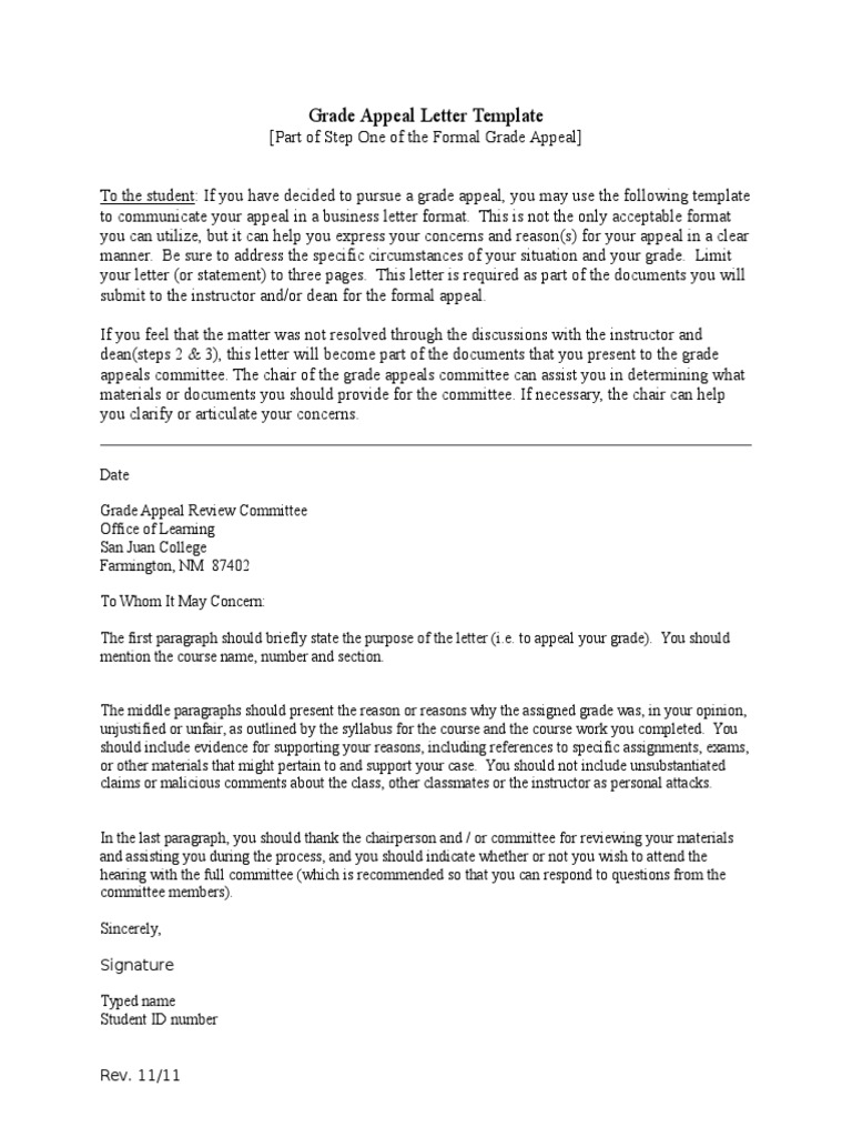 Grade Appeal Letter Template For Student PDF