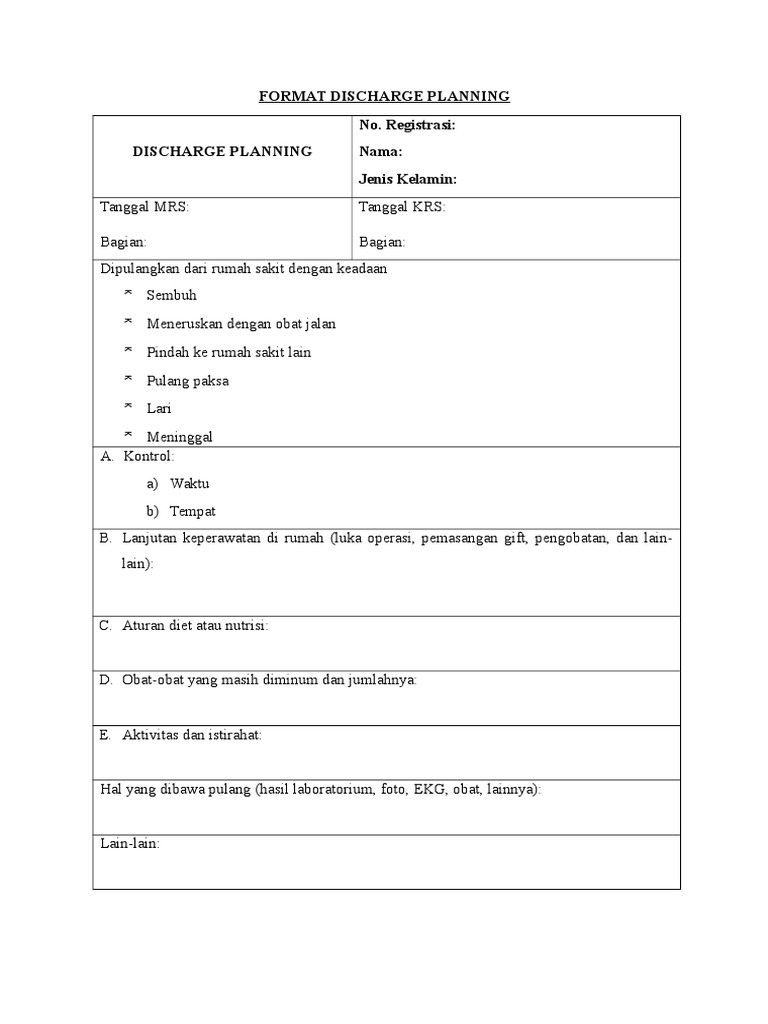 Format Discharge Planning Keperawatan | PDF