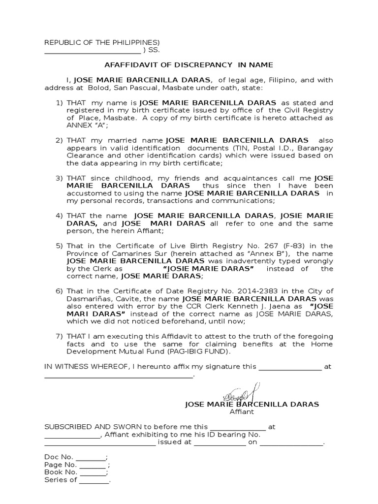 Affidavit Of Discrepancy Affidavit Identity Document
