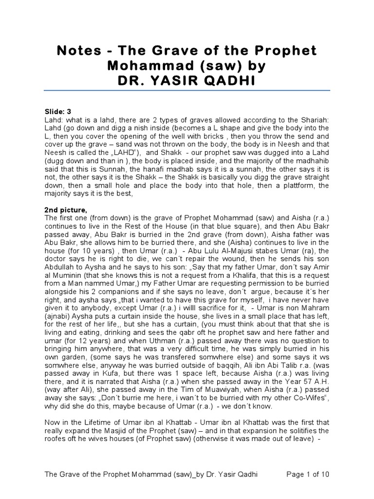 Notes The Grave of The Prophet Mohammad - by Dr. Yasir Qadhi | PDF ...