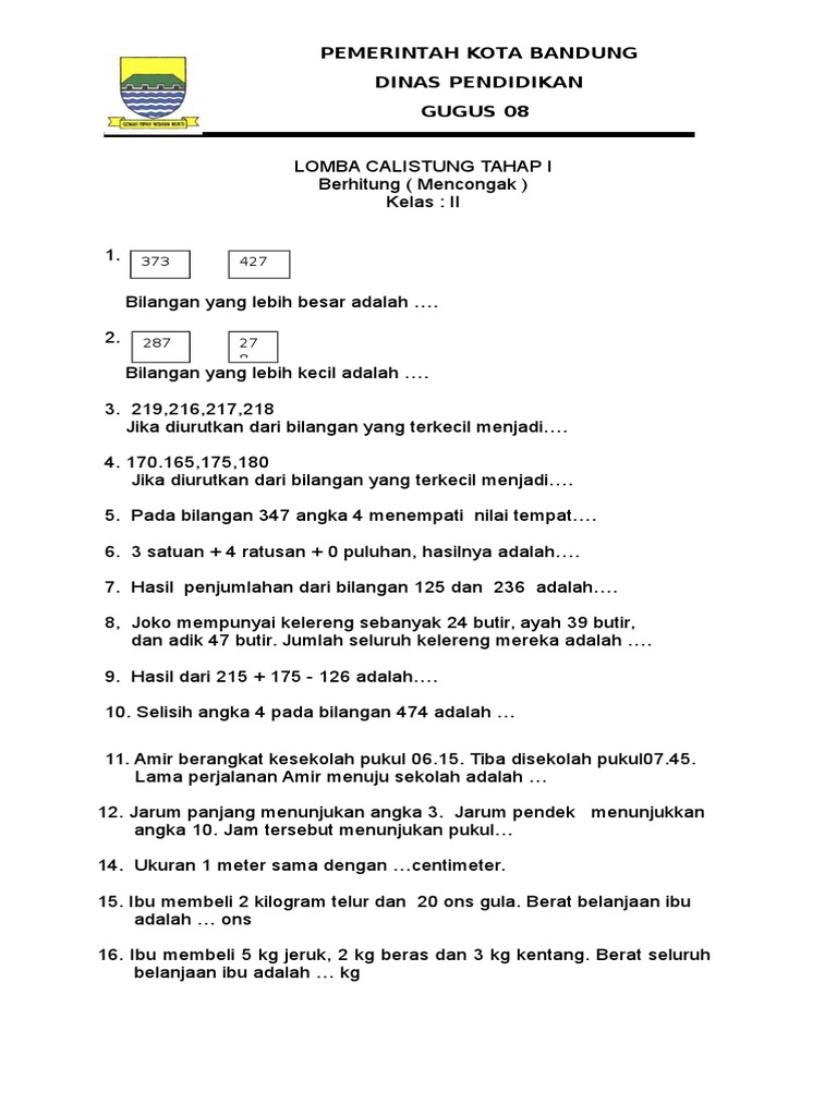 Download 15 Soal Calistung Kelas 3 Sd Pdf Yang Sudah Teruji - Juragan Soal